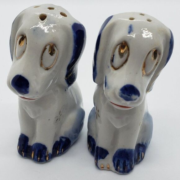 White Blue Gold Sad Eyed Dog Vintage Salt and Pepper Shaker - Picture 1 of 9